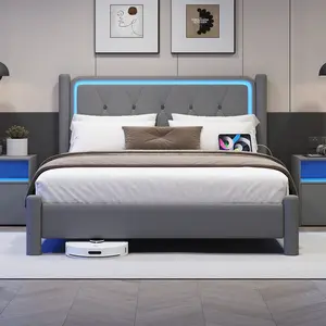Modern Linen Fabric Softbox Headboard Panel Bed Frame with Wooden Slat Support, LED Colorful Lighting, No Box Spring Needed, Twin/Full Size, Bedroom Decor