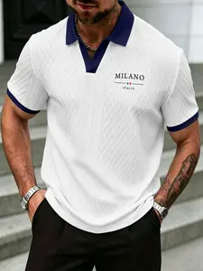 Summer Breathable Men's Slim Fit Polo Shirt, Business Casual Top, Simple Letter Print, Luxury Comfort, Contrast Collar Short Sleeve T-Shirt