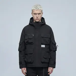 Men’s Techwear Jacket Tactical Hooded Multi Pocket Streetwear Jacket for Men Utility Functional Jacket Oversized Fit Black Outerwear Casual Urban Tech Jacket with Zipper Pockets Adjustable Cuffs