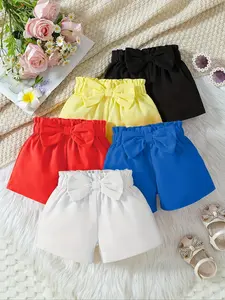 [5-Piece Set] Valentine's Day & Birthday Gift, Baby Girls' Summer Solid Color Bow Shorts, Casual Shorts Set, Fashion Bottoms, Cute Versatile High-Waisted Design, Ideal for Summer Travel, School & Daily Outings