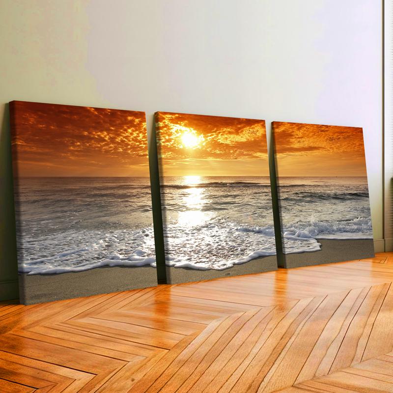 3Pcs Wooden Framed Canvas Painting, Ocean Sunset Beach Waves Scene, Exquisite Poster, Home Decoration, Pattern Wall Art Decor, For Living Room, Bedroom, Office, Restaurant, Bar Wall Decor, Odorless, Painting, Print Artwork.
