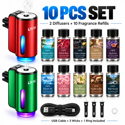 LWW Rechargeable Car Aroma Diffuser Set - Car Accessory with 8 or 10 x 10mL Fragrance Refills, 0.74Wh Waterless Vent Clip, 3 Adjustable Scent Levels, Woody Scent Option for Couple Use, 10-Pieces Variant Available
