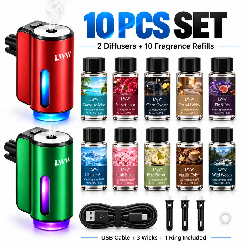 LWW Rechargeable Car Aroma Diffuser Set - Car Accessory with 8 or 10 x 10mL Fragrance Refills, 0.74Wh Waterless Vent Clip, 3 Adjustable Scent Levels, Woody Scent Option for Couple Use, 10-Pieces Variant Available