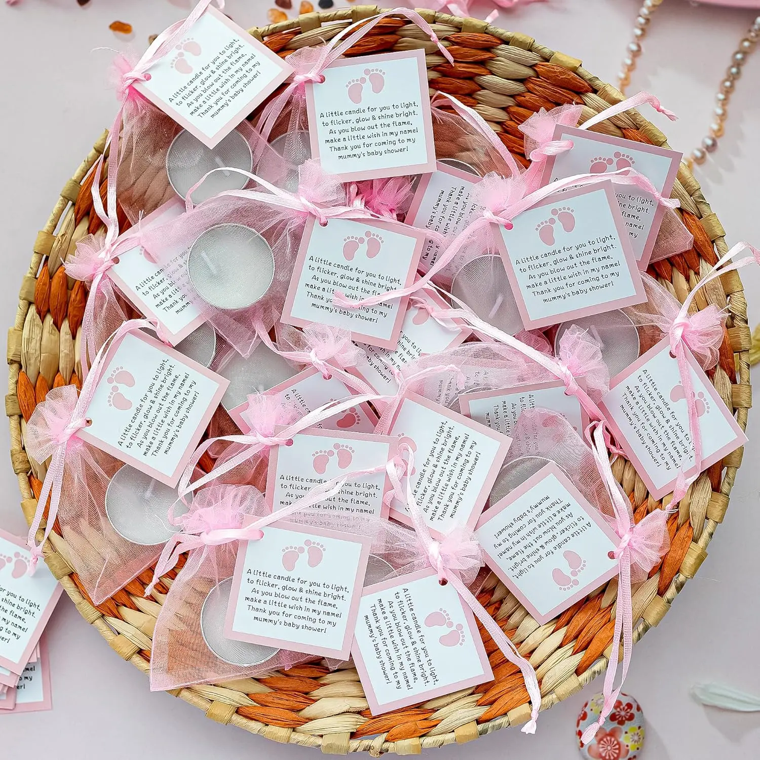50pcs Tealight Candles Set for Baby Shower Party Favors, Christening Favors for Guests, Baby Girl Gender Reveal Favors. (pink)