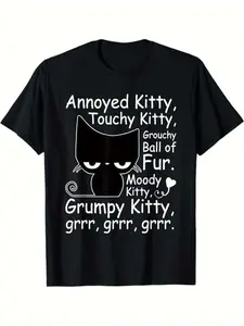 Women's 100% Cotton Short-Sleeve Round Neck Casual Streetwear Top - Angry Kitty Cat Graphic Funny Pet Lover T-Shirt