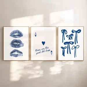 Navy Print Set of 3, Trendy Blue Bows Poster, Retro Kiss Lips Wall Art, Ace Card These Are The Good Old Days Digital Print Preppy Dorm Room