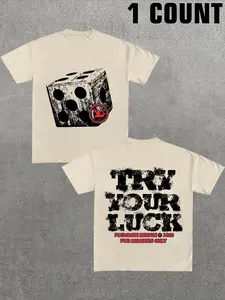 Unisex Street Style Dice & Try Your Luck Slogan Print Round Neck Tee, Regular Fit Street Fashion Casual Comfy Short Sleeve Crew Neck T-shirt for Daily Wear, Unisex Top for Summer, Crewneck