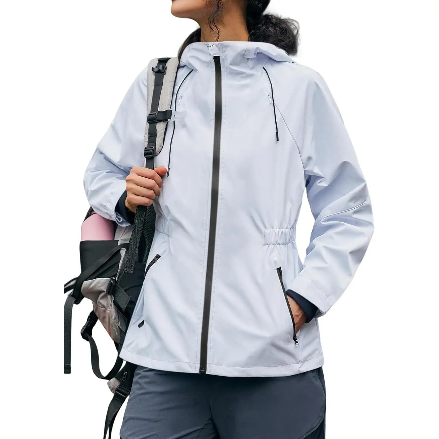 Women's Athletic Hooded Windbreaker Outerwear - Lightweight Waterproof Solid Rain Coat with Pockets, Long-Sleeve, Windproof Zipper Top for Hiking, Workout, Daily Commuting