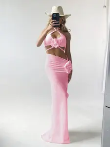 Women's High-Waisted Bikini Set with Flowers, Fashionable Sexy Halter Neck Swimsuit, Casual Vacation Dress Set for Beach Parties