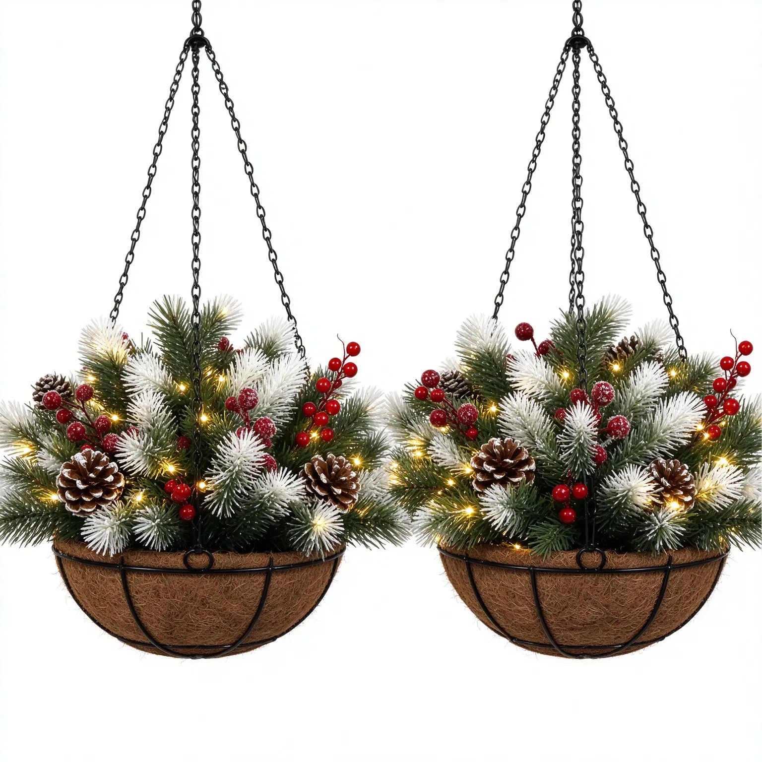2 Pack Pre-Lit Christmas Hanging Baskets, Artificial Pine with Frosted Pine Cones, Red Berries & Warm White LED Lights, Decorations for Room, Indoor Outdoor Front Door Porch Mantel Holiday Decor