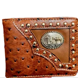 Praying Cowboy Western wallet Ostrich pattern short bi-fold concho and studded faux leather with religious theme wallet.