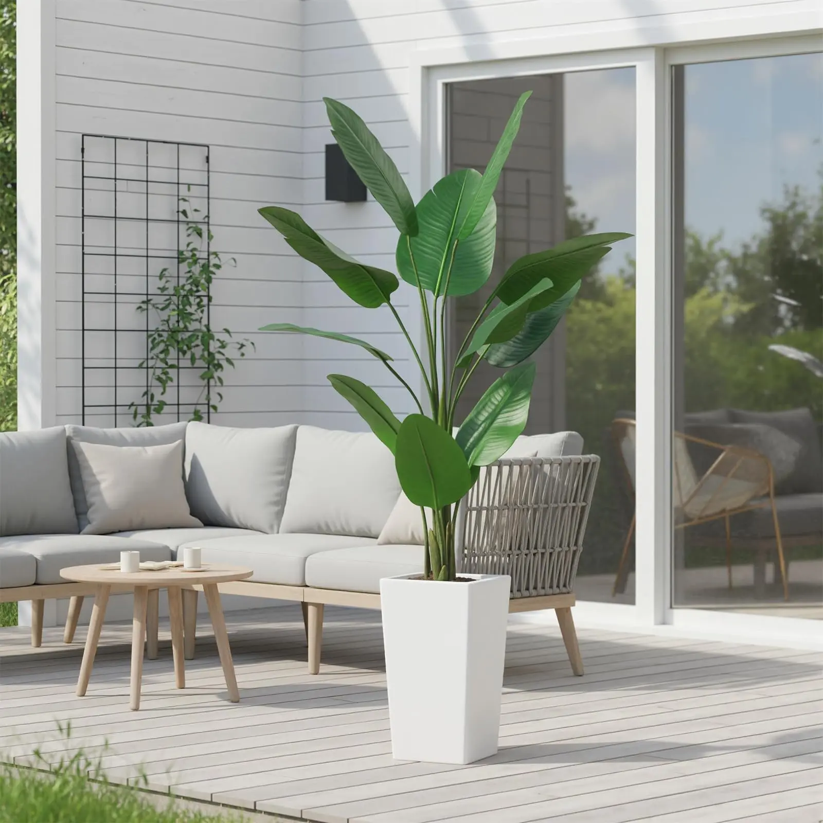 Garvee 4.65 FT Artificial Banana Tree Plant with Realistic Banana Leaves in White Planter - Tall Faux Bird of Paradise Indoor & Outdoor Tropical Floor Plant for Home, Patio, Office, and House