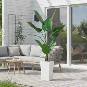 Garvee 4.65 FT Artificial Banana Tree Plant with Realistic Banana Leaves in White Planter - Tall Faux Bird of Paradise Indoor & Outdoor Tropical Floor Plant for Home, Patio, Office, and House