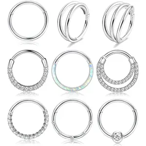 Besteel 9 Pcs Hypoallergenic Septum Rings 16G Surgical Steel CZ Opal Clicker Hinged Nose Rings Hoop for Women Men Lip Conch Tragus Helix Daith Cartilage Earrings 8mm 10mm Jewelry Band