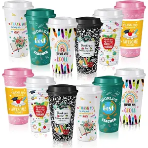 12 Pcs Teacher Appreciation Gifts Bulk 16 oz Plastic Coffee Tumbler with Lid End of Year Teacher Cups Gifts with 6 Thank You Designs for Graduation Party, Classroom, Coworker Staff Events
