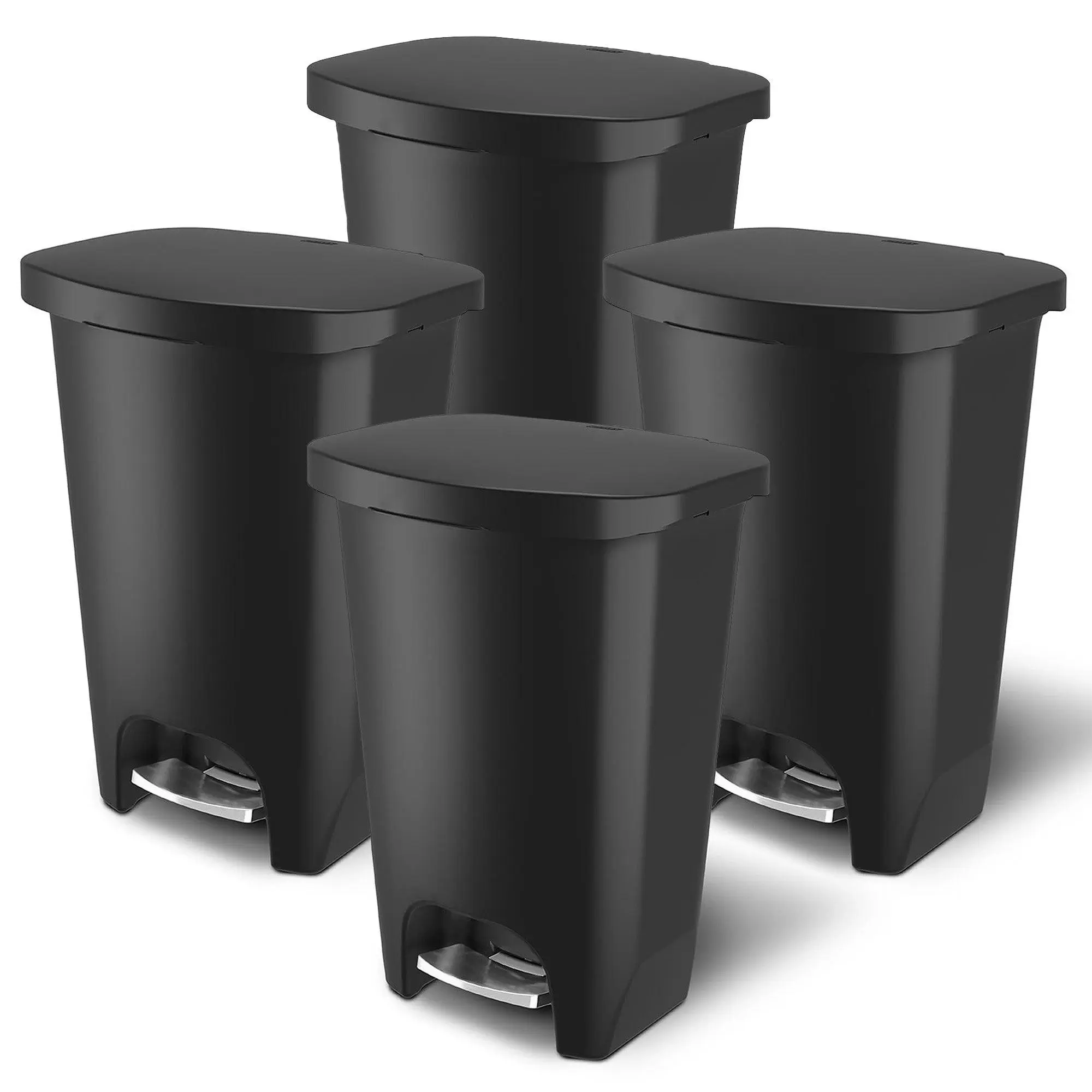 Glad Trash Can w/ Lid, Stainless Pedal, Garbage Bag Rings, 13 Gal, Black, 4 Pack