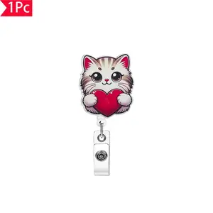 1PC Adorable Cartoon Kitten Heart-Shaped Pull-Tab Keyring Cute Pet-Style ID Badge Holder, ID Card Clip, Keyring, Custom Pin Holder Perfect as a Gift