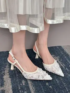 Women's Elegant Lace Design Slip on High Heels, Trendy Pointed Toe High Heels, Fashionable Heels for Party & Wedding, Footwear, Elegant Party Shoes