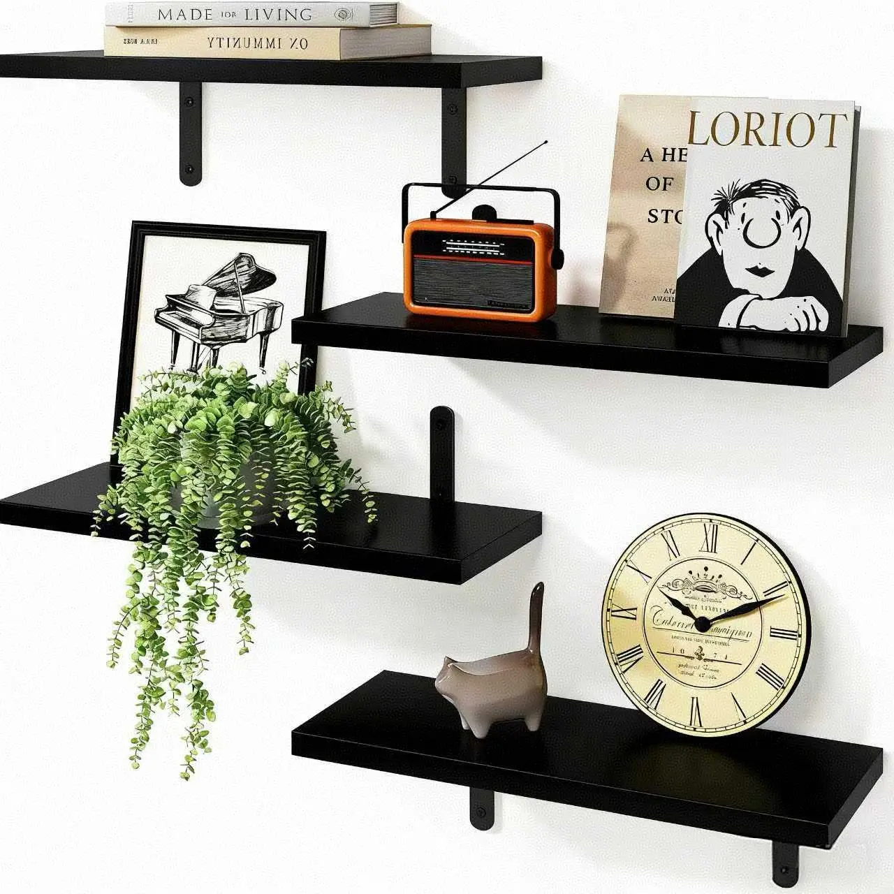 Floating Shelf Set, 4-Piece Wall-Mounted Storage Shelves, Wooden Floating Shelves for Wall Decoration, Bathroom Shelving, Bedroom & Living Room, Wall Mounted Organizer heart, Metal, Shelves For Bedroom