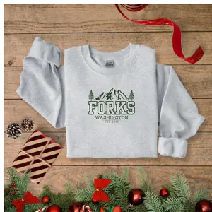 Forks Washington Embroidered Crewneck Sweatshirt, Twilight Inspired Pacific Northwest Apparel,Souvenir Traveling Sweater National Parks.