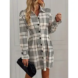 Plaid Pattern Detailed Front Button Front Placket Pleated Shirt Dress