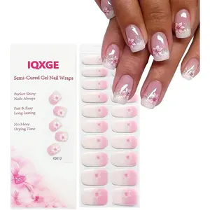 20PCS Pink Semi Cured Gel Nail Strips Spring Summer Ombre Nail Wraps Glossy Flower UV Gel Nails Stickers UV Light Needed Glitter Nails Polish Strips Includes Prep Pads, File, Wooden Stick