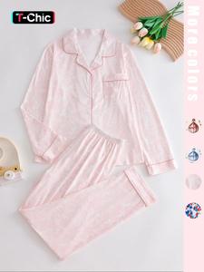 two-piece set women's all over print button front shirt & elastic waist pants pyjama, casual comfy lapel long sleeve top & trousers pj set, women's sleepwear for spring & fall