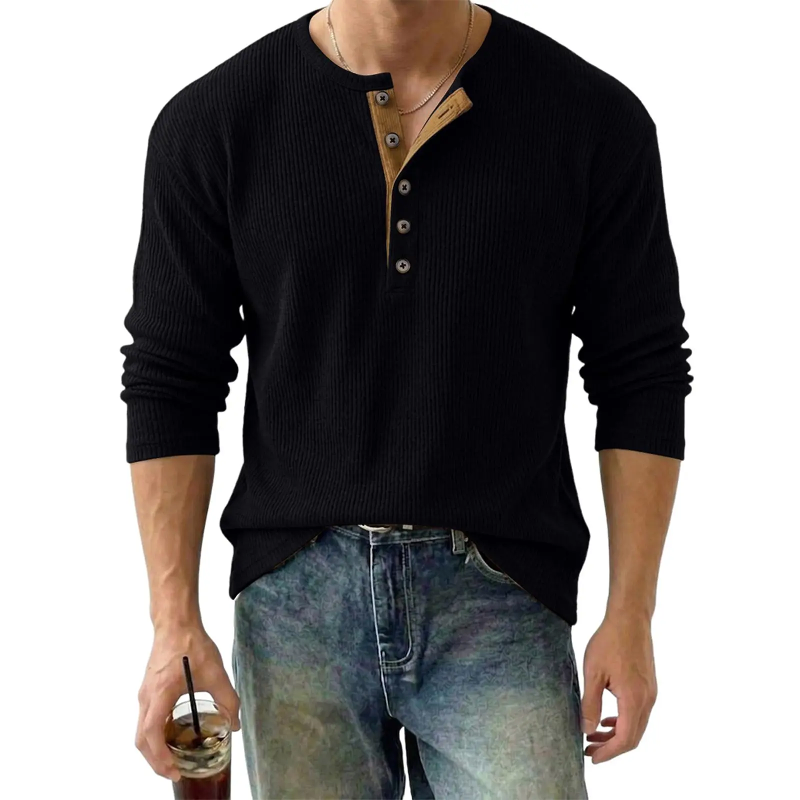 JMIERR Men's Button Henley Shirts Ribbed Long Sleeve Pullover | Contrast Button Henley, Thermal Ribbed Texture, Lightweight, Long Sleeve Pullover, Stretch Fabric, Casual, Fall, Winter