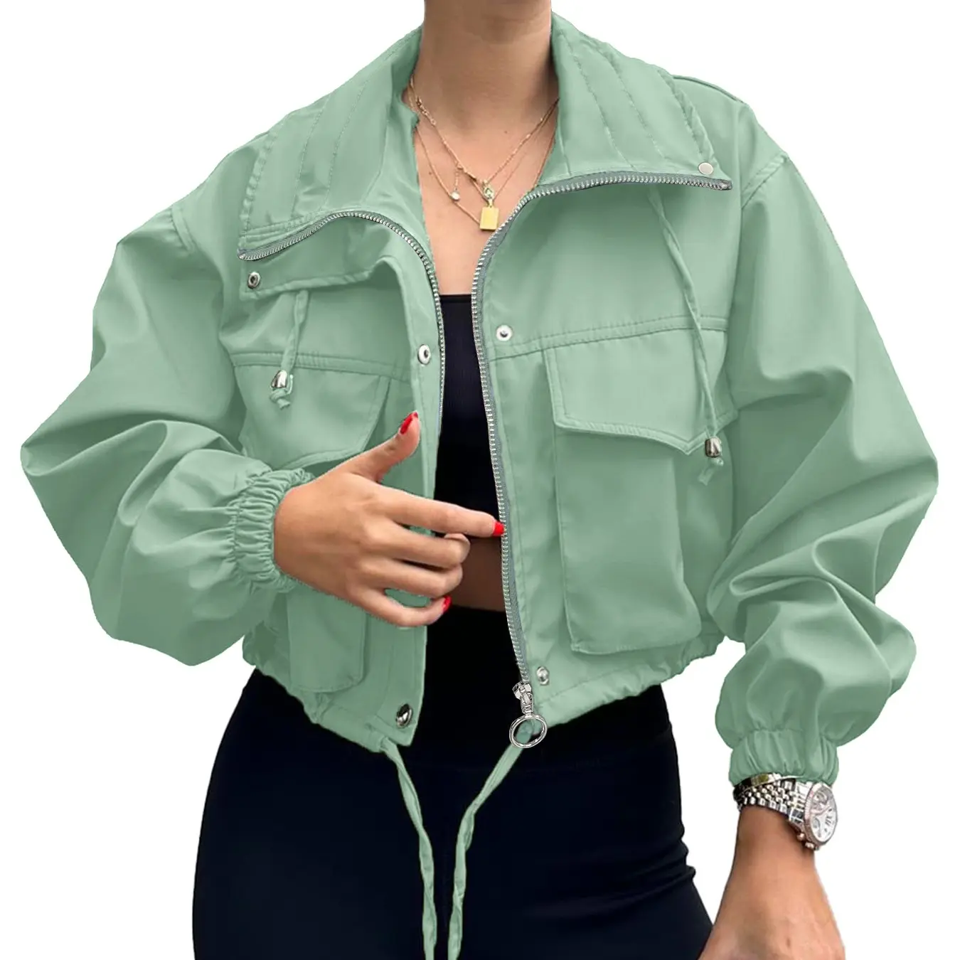 Renaishow Womens Cropped Jacket Zip Up Drawstring Hem Lightweight