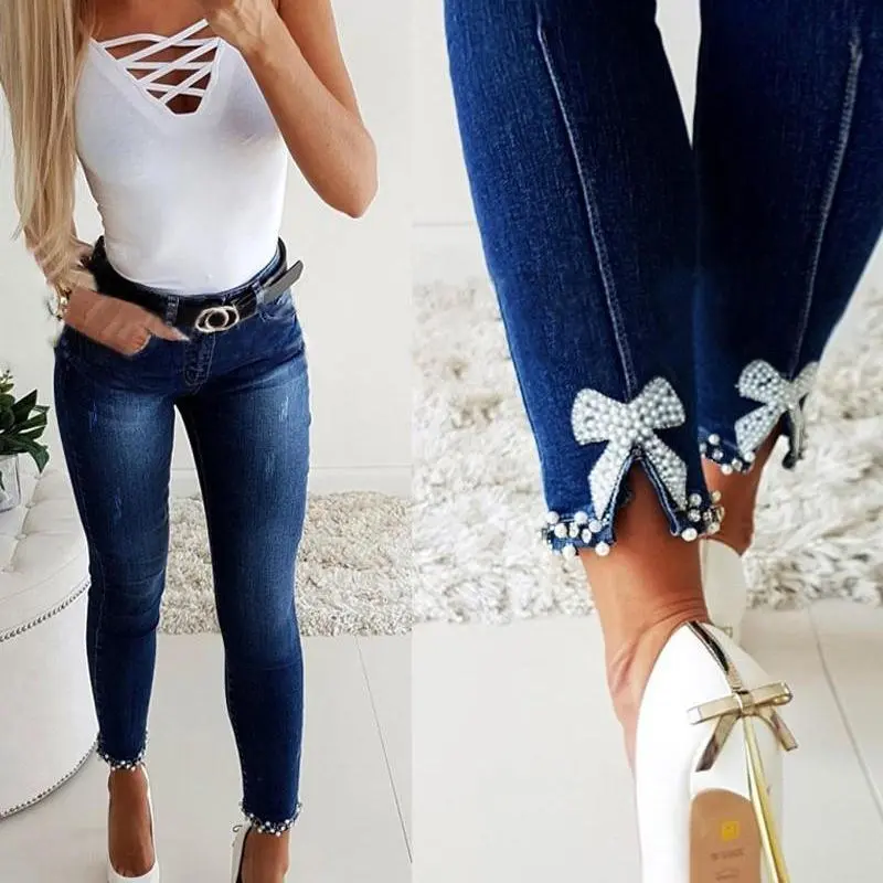 Lady's Slimming Sticky Beaded Split Skinny Jeans - Style-focused Sports Bottom Trouser with Butterfly Detail, Denim Chic Design (Gift), Vintage, Fit, Clothes, Streetwear