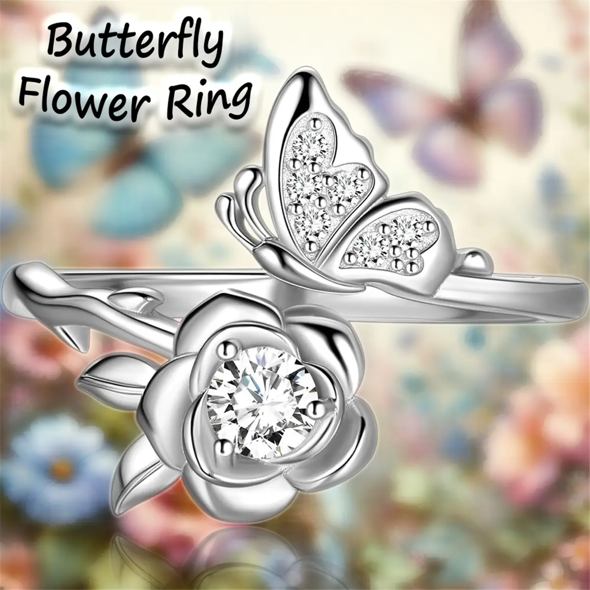 Women's Openable Adjustable Alloy Ring - Exquisite Romantic Rose Flower & Butterfly Design, Handmade Geometric Blossom Promise Band, Valentine’s Unique Gift for Females, Animals-Themed Daily Costume Jewelry