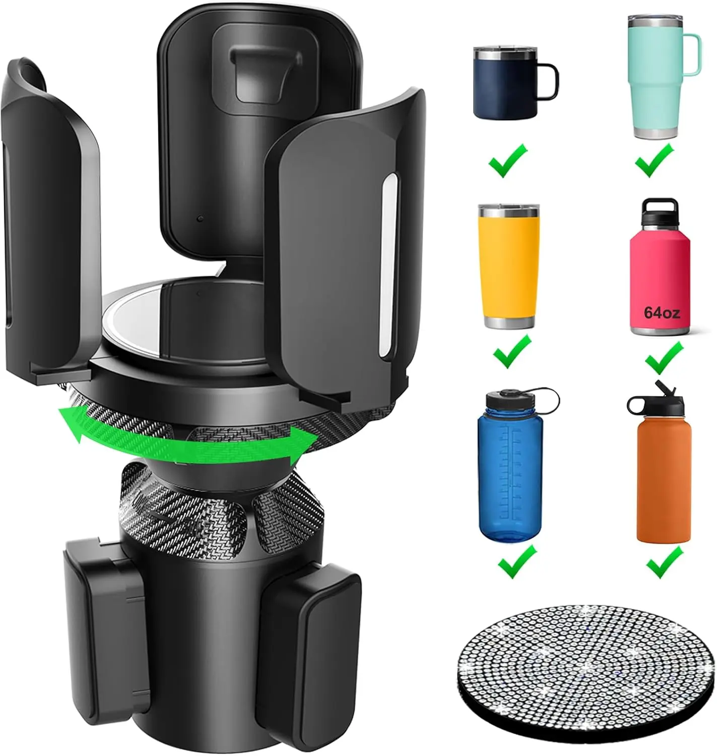 GJAHSH Upgraded 64oz Large Cup Holder Expander with Coaster for Car, Expandable Cup Holder Adapter with Adjustable Base, Universal Compatible with Yeti, Hydro Flasks, Owala, Other Big Bottles Mugs Drinks