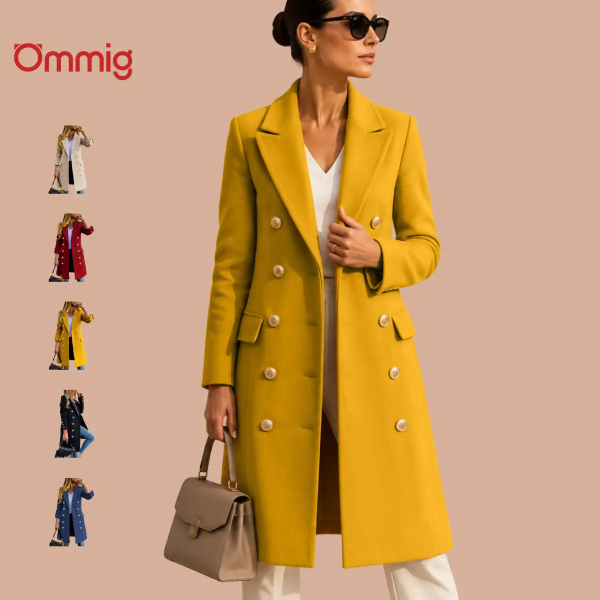 Ommig Women Wool Blend Peacoat Fall Winter Collar Double Breasted Knee Length Slim Minimalist Midi Outerwear