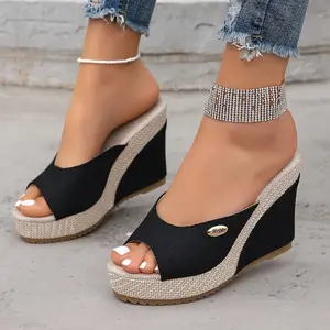 Fashionable Woven Wedge Sandals for Women in Spring And Summer, Versatile Thick-Soled Slip-On Shoes, Beautiful Buckle Adorned Peep-Toe Shoes, Comfortable Everyday Style, Pointed Summer Mules., Women Shoes