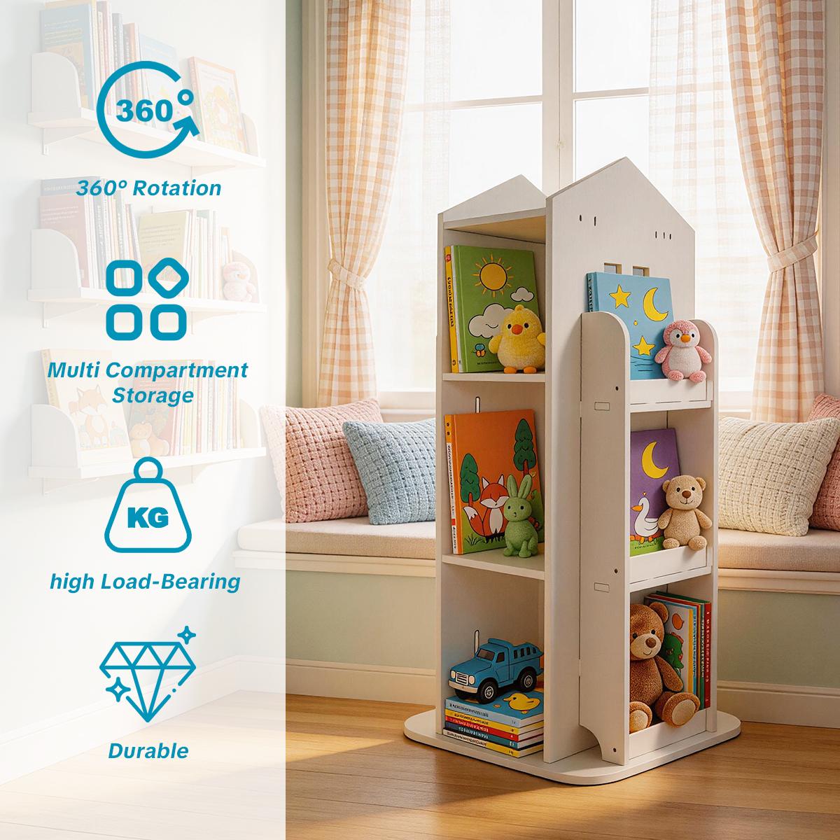 White 4-Tier PVC Corner Shelf System - 360-Degree Rotating Floor-Standing Bookshelf Tower, Space Saving Layered Multi-Shelf Living Room Furniture, Kids Book Organizer for Bedroom Small Spaces