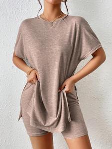 women's solid split hem modesty shorts set, minimalist casual 2 piece set batwing sleeve round neckt-shirt & skinny shorts, ladies summer clothes for daily wear, shortsleeve womenswear, tops shorts set, casual matching set