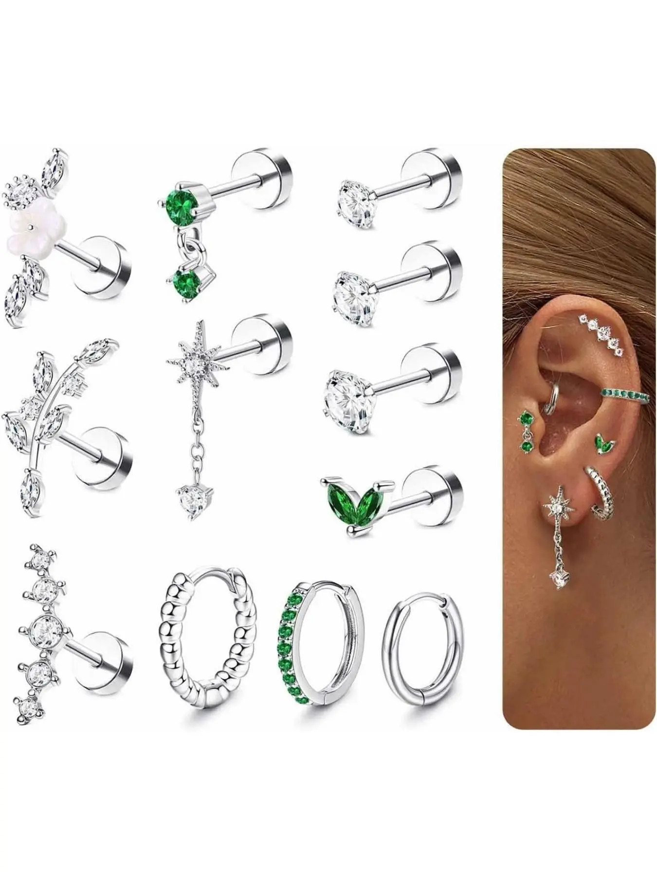 12Pcs Helix Piercing Jewellery Steel Tragus Earrings Set Flat Back Earrings Stud Flower Ear Piercing Helix Hoop Cartilage Earrings Silver Gold Conch Daith Tragus Piercing Jewellery Ear Studs