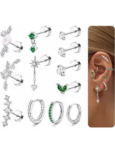 12Pcs Helix Piercing Jewellery Steel Tragus Earrings Set Flat Back Earrings Stud Flower Ear Piercing Helix Hoop Cartilage Earrings Silver Gold Conch Daith Tragus Piercing Jewellery Ear Studs