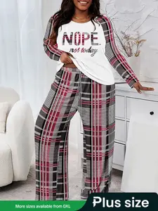 【Plus Size】 Two-Piece Set Letter Patchwork Round Neck Long Sleeve Tee & Plaid Print Elastic Waist Pants, Casual Comfy Raglan Sleeve Top & Trousers Set, Women's Clothing for Spring & Fall Cozy Lounge Set