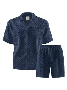 Men's Two-Piece Classic Fashion Set, Textured Striped Pattern Button-Down Shirt and Solid Shorts, Comfortable Casual for Outdoor and Daily Wear
