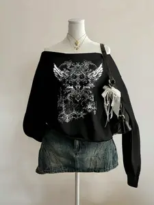 Women's Asymmetrical Neckline Hoodie, Fashion Street Style Gothic Cross Print, Comfortable Skin-Friendly, Casual Fall & Winter Wear