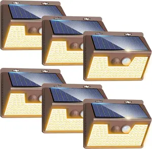 Solar Lights Outdoor Motion Sensor Waterproof, 6Pack 140LED Brown Solar Powered Fence Light, 3 Modes Security Wall Lights for Garden Yard Outside(Warm White)