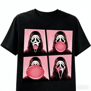 Funny Ghostface Blowing Pink Bubblegum Graphic Tee - Coquette Horror Aesthetic Shirt, Distressed Scream Pop Art Top for Z & Millennials, Y2K Vibe T-Shirt