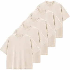 Menswear 5-Pack 100% Cotton Vintage Washed Oversized Short-Sleeve T-Shirts, Oatmeal Beige Old Money Aesthetic Quiet Luxury Tees, Men's Everyday Casual Wardrobe Staples