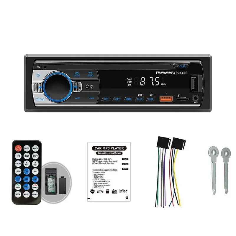 1-Din Digital Bluetooth Car Radio Stereo Receiver - 60W*4 DC 12V 4-Channel Audio Output, FM+BT+AUX, USB/SD Compatibility, Surround Sound, RCA, 2 Power Cables, 1 Remote Control for MP3 Music Playback