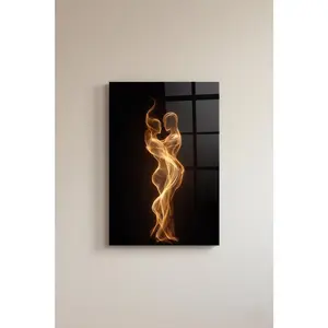 Flame Couple Glass Wall Art Print,Abstract Romantic Silhouette,Golden Fire Dance on Black,Tempered Glass Wall Decor, Modern Luxury Statement