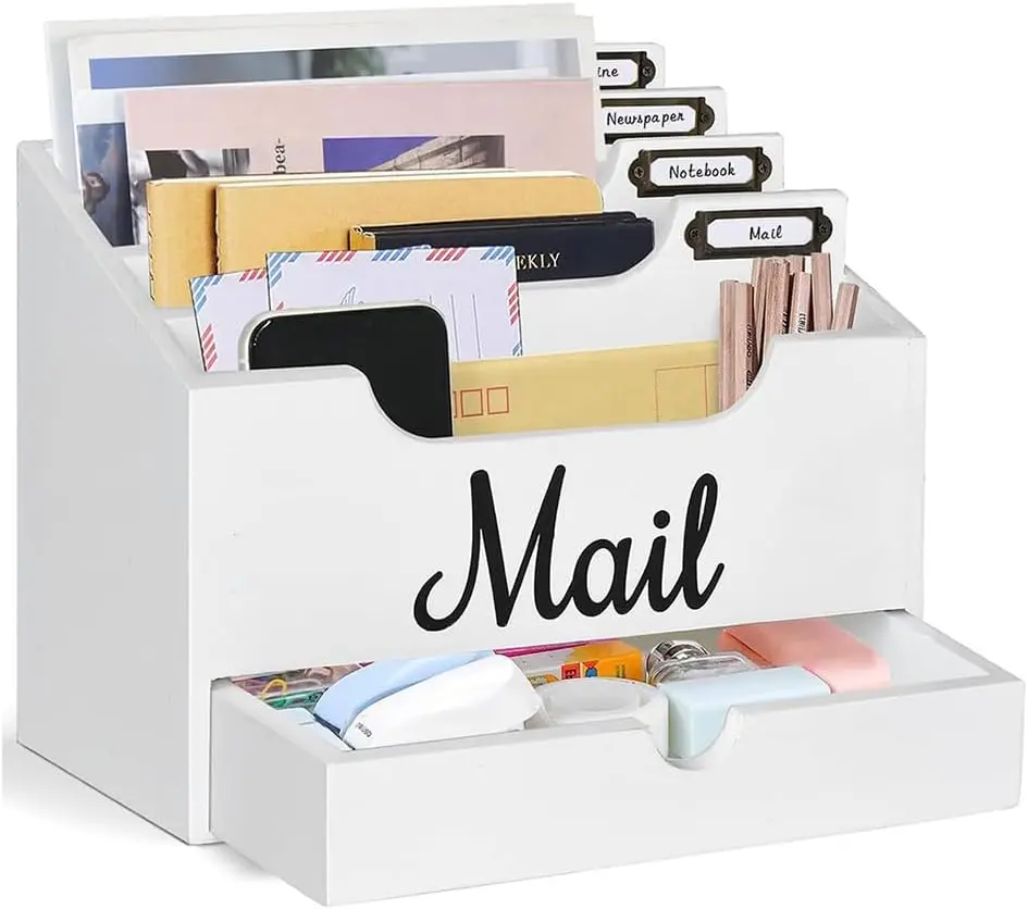 Wood Desktop Mail Organizer, Mail Organizer Countertop with 4 Compartments and Drawer, Wood Mail Holder Sorter Organizer Holder for File Letter Paper Folder, White Wooden Desk Organizer | White Desktop Mail Organizer with 4 Compartments, Dual Desk & Wall
