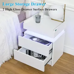 Hommpa LED Nightstand Black Nightstand with Led Lights Modern Night Stand with 2 High Gloss Drawers Led Bedside Table with Border Tabletop Smart Nightstand for Bedroom 21.5” Tall