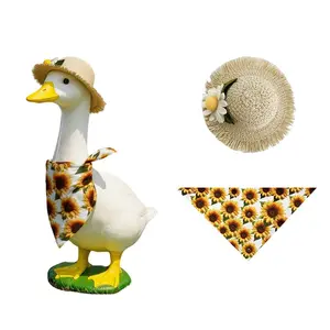 Summer Porch Goose Outfits, Hawaiian Daisy Pastoral Style Goose Clothes Set Straw Hat & Bandana Scarf Costume for 23" Lawn Statue for Outdoor Garden Yard Patio Decor Accessories