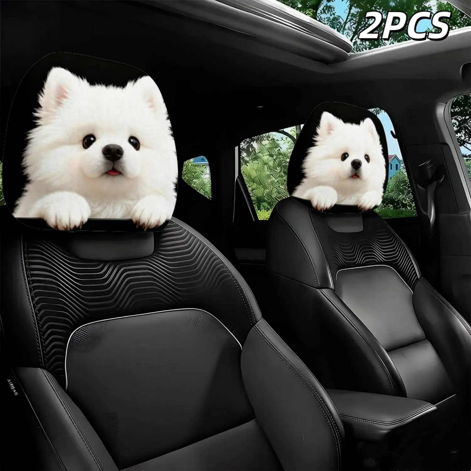 2-Pack Cute Pomeranian Printed Car Headrest Covers, skin-friendly breathable fabric. Easy to install and clean, universal fit for most vehicles. Chic pet themed decor adds unique charm, perfect for daily commute and long road travel homedecor